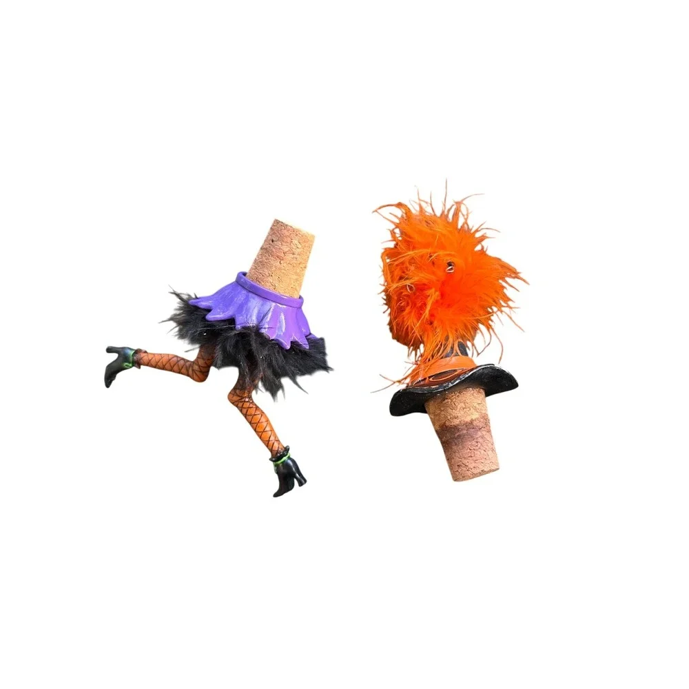 Halloween‎ Witch Wine Bottle Stoppers Set of 2 Legs and Hat Orange Purple Black